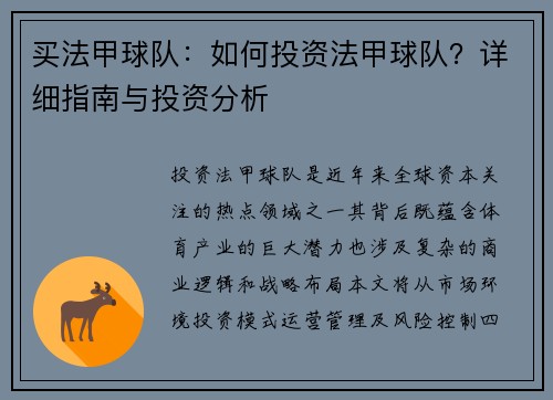 买法甲球队：如何投资法甲球队？详细指南与投资分析