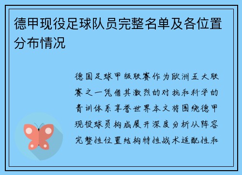 德甲现役足球队员完整名单及各位置分布情况