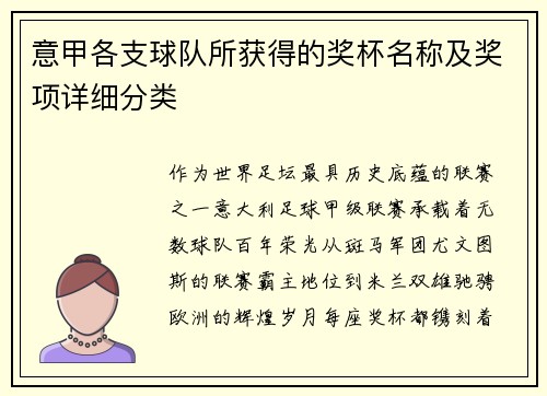 意甲各支球队所获得的奖杯名称及奖项详细分类