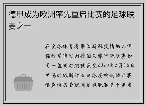 德甲成为欧洲率先重启比赛的足球联赛之一